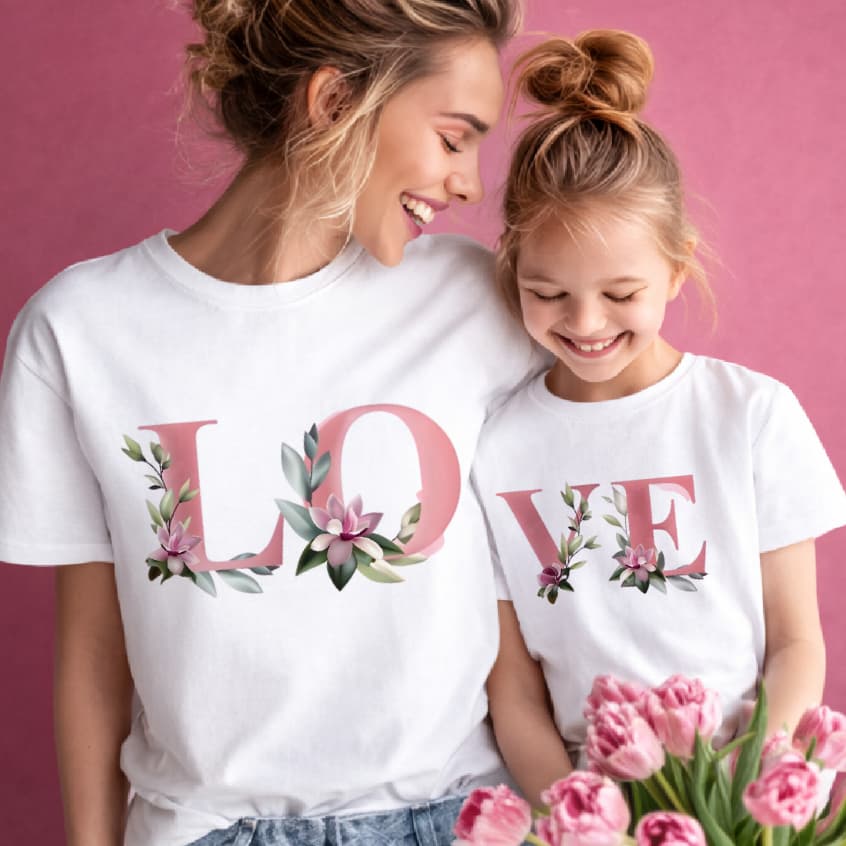 blusa camiseta LOVE ROSA, blusas combinando mãe e filha, presente dia das mães, ensaio fotográfico, mamãe