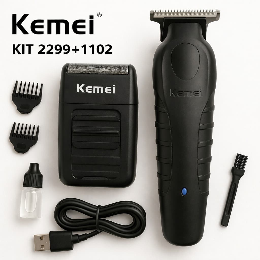Kit Kemei 2299+1102 Máquina Corte Aparador Barba Recarregável Profissional Cabelo Usb