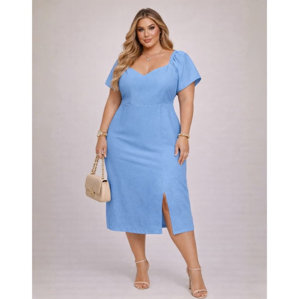 Vestido Plus Size Feminino Manga Princesa Curta Midi Soltinho Elegante Casual Moderno