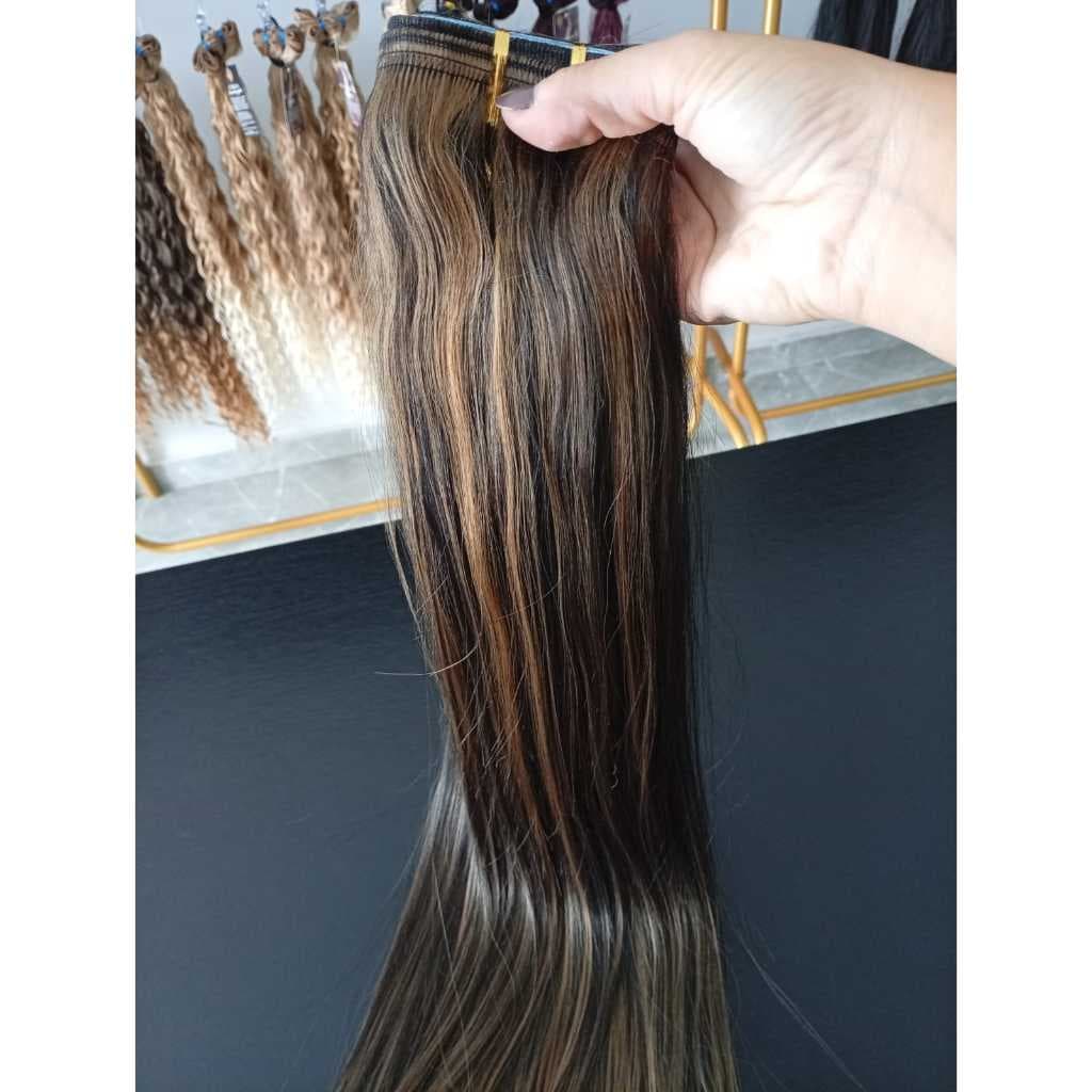 Aplique de Cabelo Fibra Russa Fita Adesiva Semi Humano Natural 60cm Liso Morena Iluminada