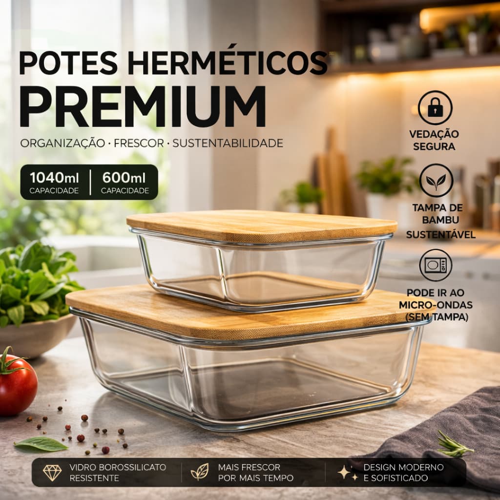 01 Pote Marmita de Vidro Hermético com Tampa bambu Pote 600 ou 1040ML Vedação antivazamento Comida