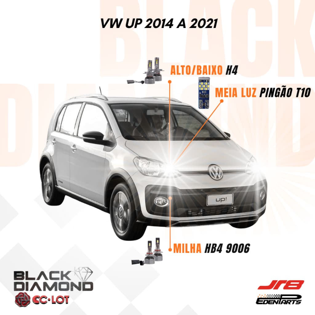 Kit Lampadas Farol LED VW Up 2014 a 2021 JR8 Black Diamond H4 HB4 6000K + Lâmpada Pingão T10 21 LED