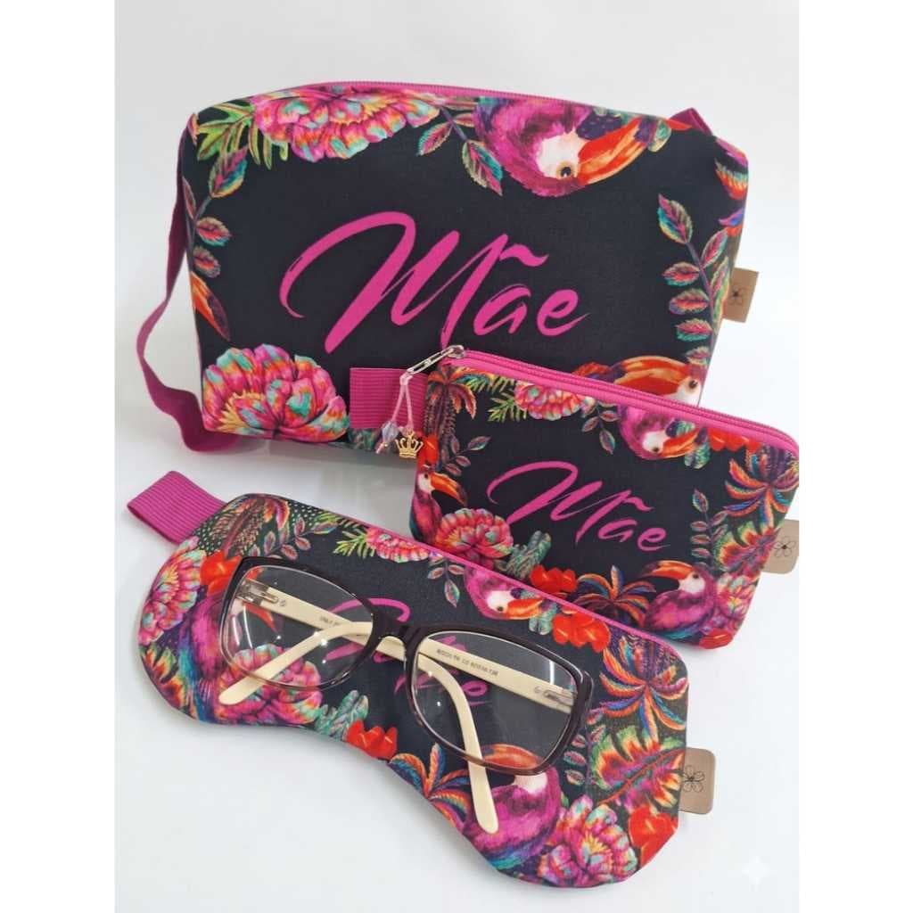 Kit Presente Dia das Mães: Necessaire Box + Porta Moedas + Porta Óculos Prod. Artesanal/tec. gabardine