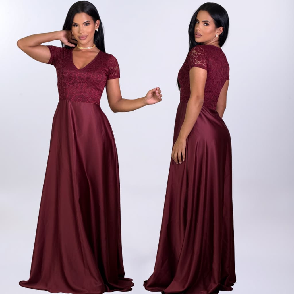 vestido marsala longo com peito de renda e saia de crepe acetinado para formatura madrinha de casamento e festa