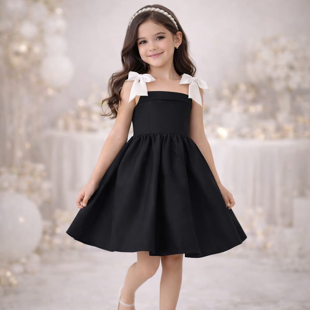 Vestido Preto Infantil com Laço Branco – Estilo Princesa, Sofisticado, Ideal para Casamento, Batizado e Formatura