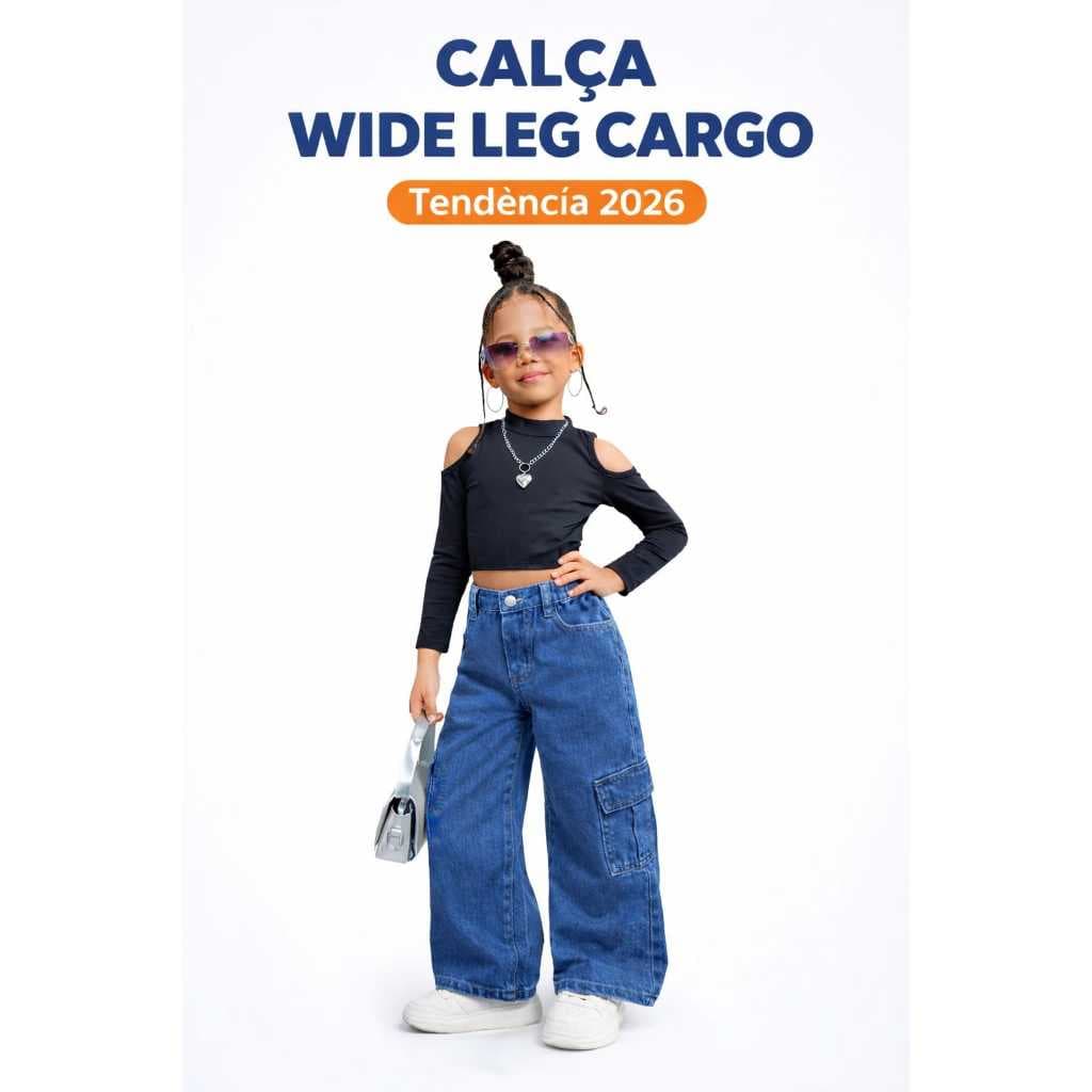 Calça Wide Leg Infantil Cargo Jeans Bolso Lateral Moda Blogueirinha Tendência 2026 Menina Tam 2 ao 16