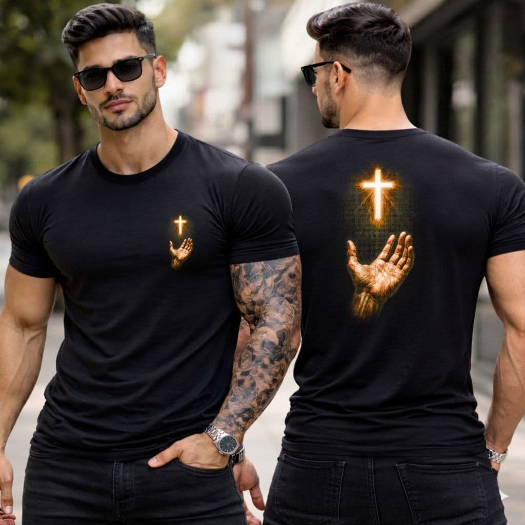 Camiseta Unissex Cristã Cruz Iluminada Mão Estampa Impactante Fé, Proteção e Propósito T-Shirt