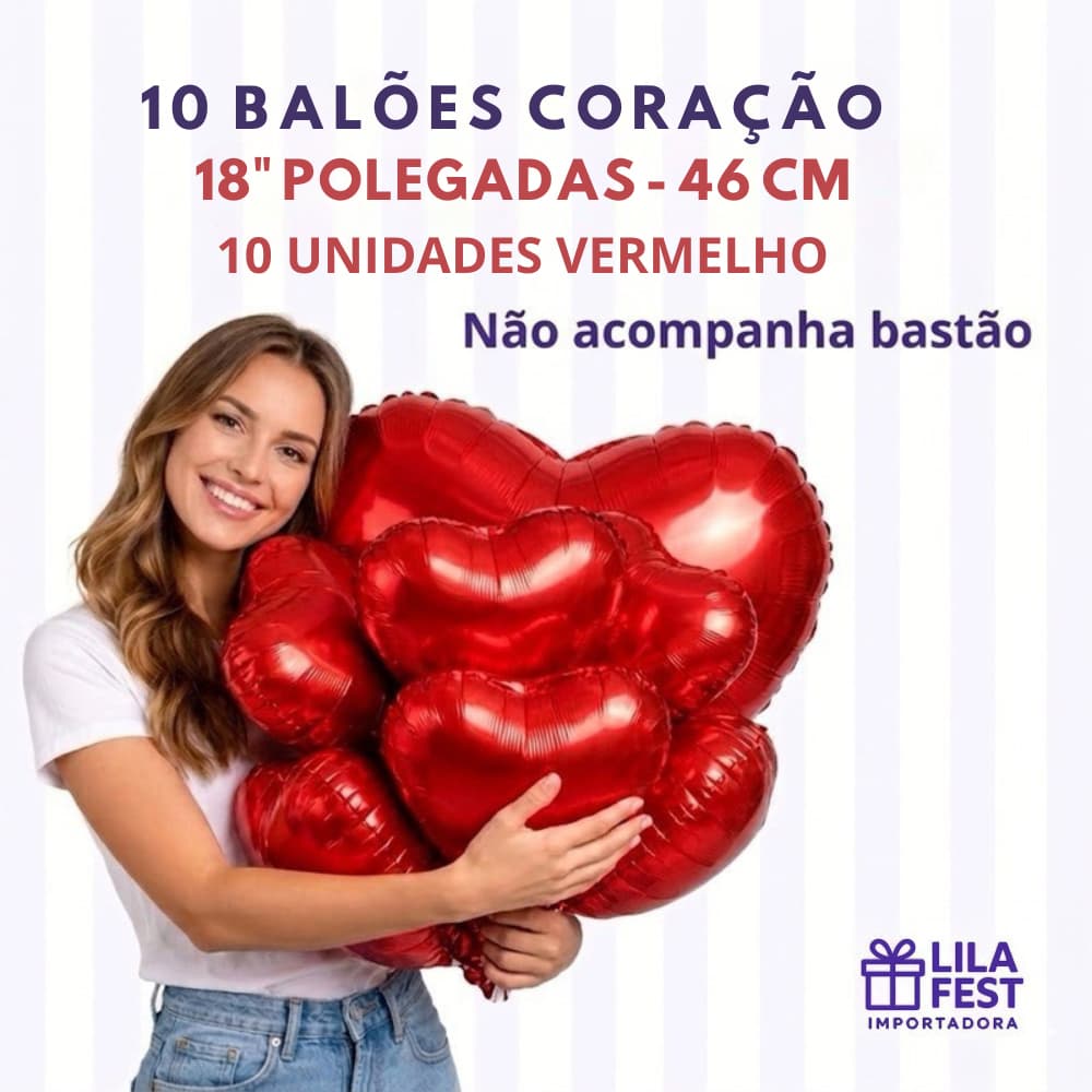 50 Unid Balão Coração Metalizado 46cm 18" Polegadas Vermelho Dia Namorados Decor Painel Festa Romântica