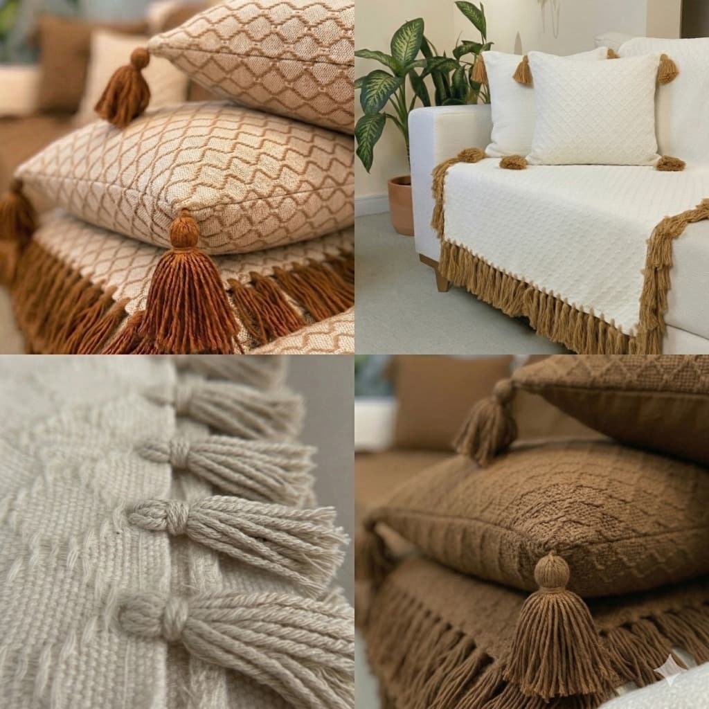 Manta Decorativa para Sofá em Algodão Artesanal Estilo Macramê com Franja 1,75x1,85m | Opção Kit
