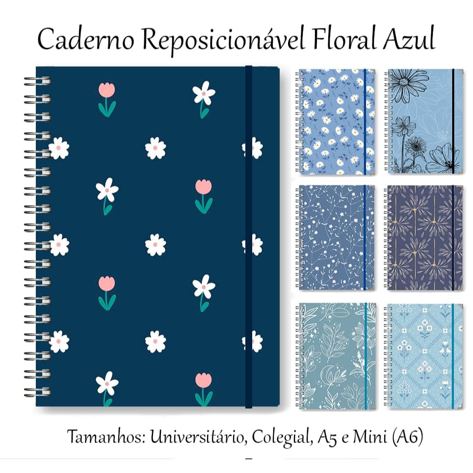 Caderno Reposicionável Smart Floral Azul - Universitário, Colegial, A5 e Mini