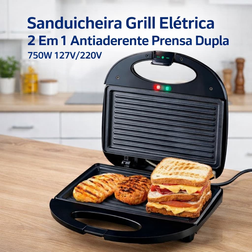 Sanduicheira Grill Elétrica 2 em 1 Antiaderente Prensa Dupla 750W 127V/220V Startools Prática