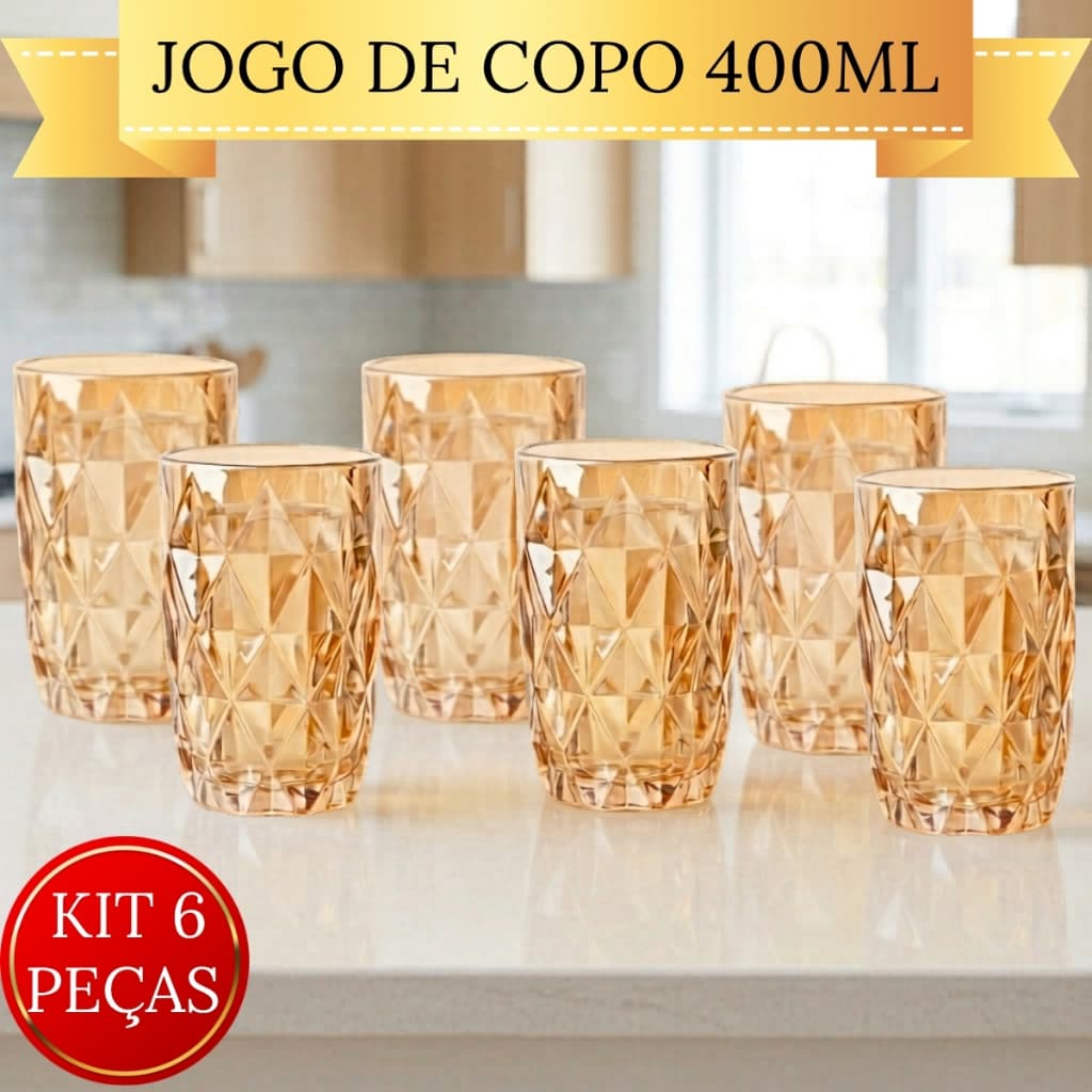 Jogo com 6 Copos de Vidro 400ml Âmbar Diamond