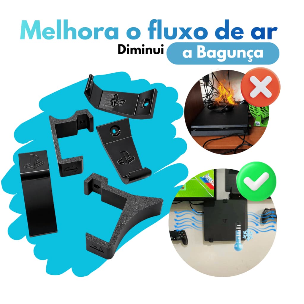Kit Suporte PS4 Slim + 2 Suportes Controle – Organização Total