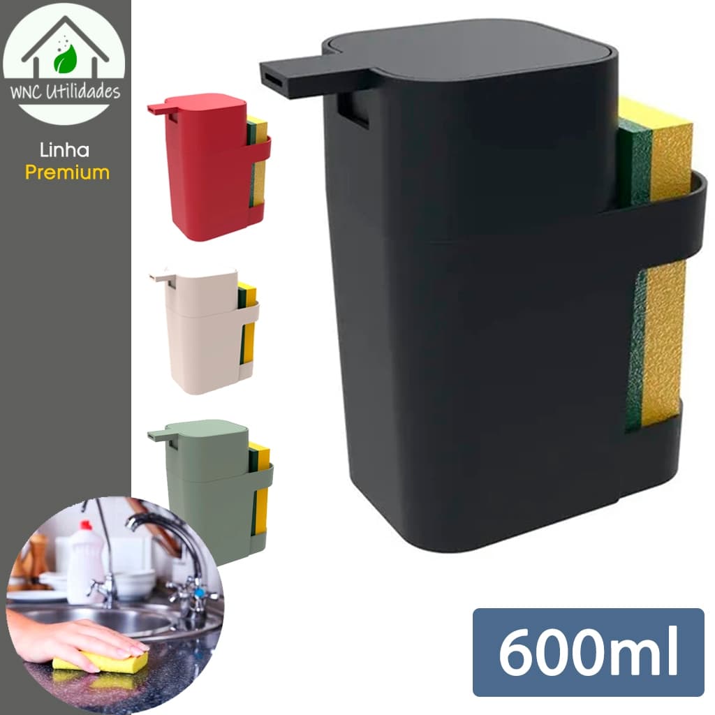 Dispenser Pia Porta Detergente Esponja Bucha 600ml Cozinha Organizador Preto Vermelho Cinza