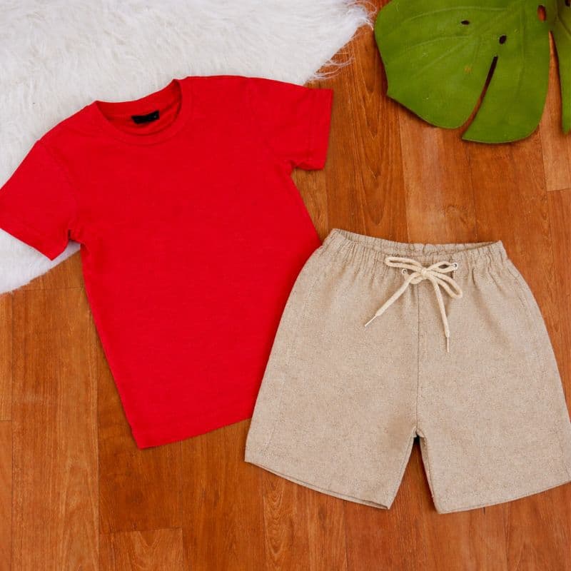 conjunto infantil de menino short  mauricinho linho  e camisa lisa de algodão verao