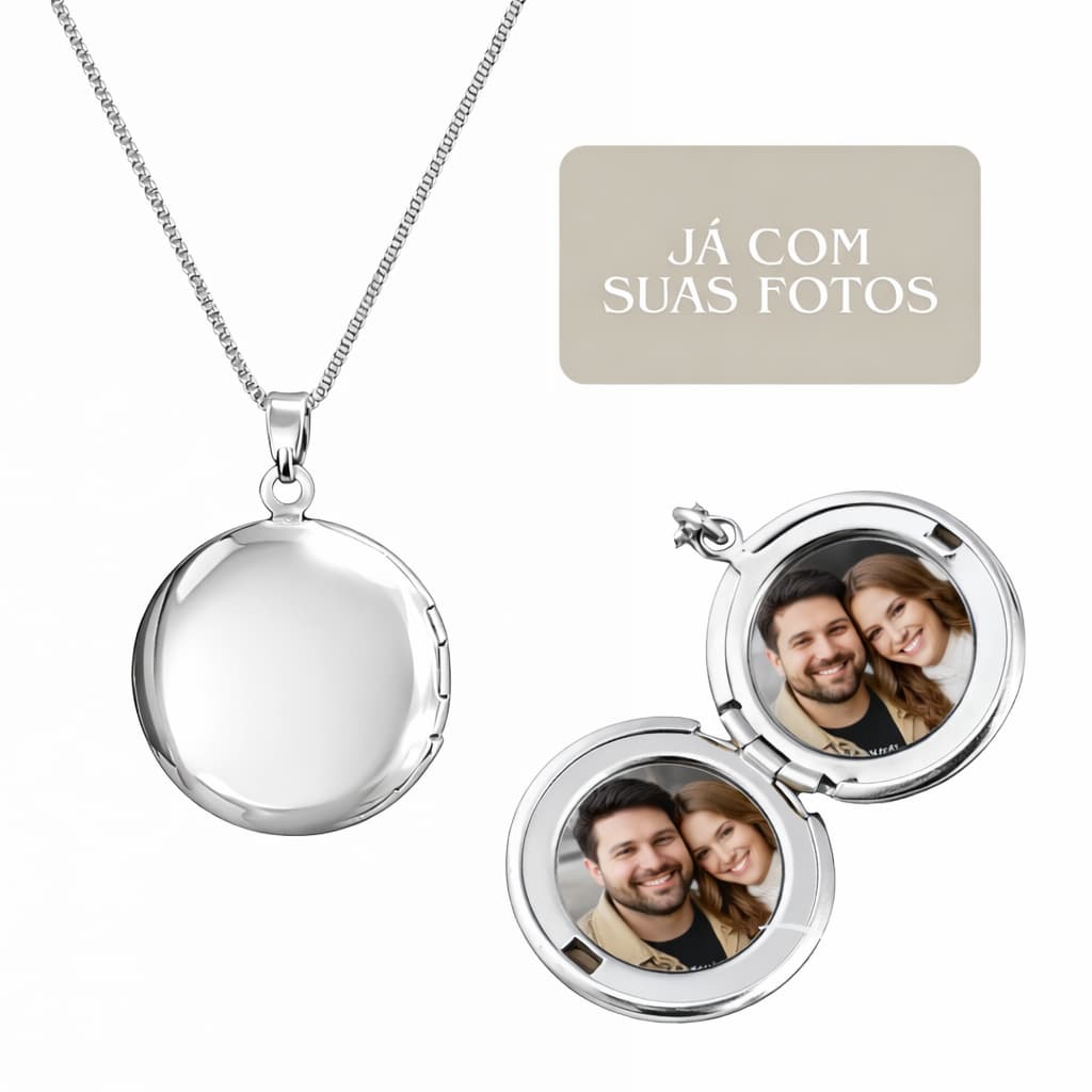 Colar Relicário Masculino Prata 925 Banhado Porta Foto Pingente Redondo Personalizado