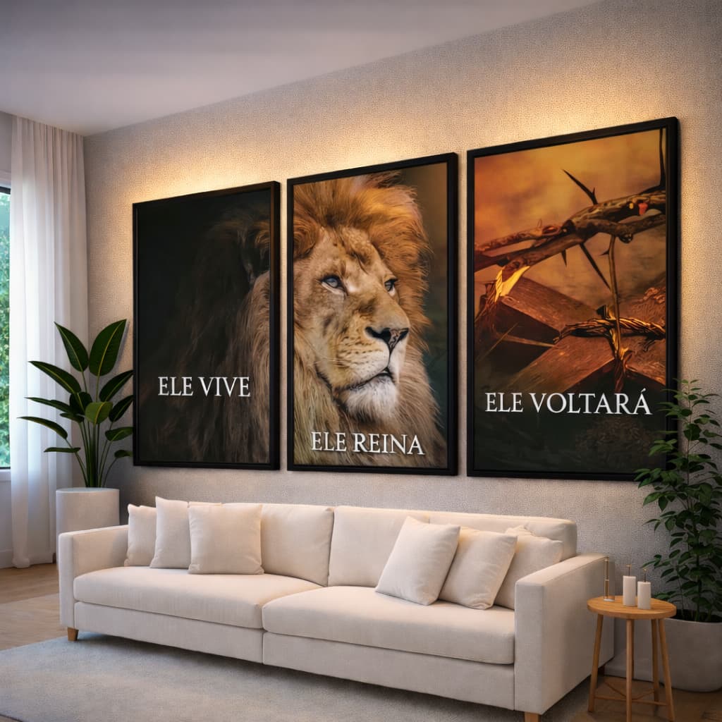 Quadros Decorativos Sala Leão Juda Ele Vive Ele Reina Religioso Para Sala Quarto Moderno