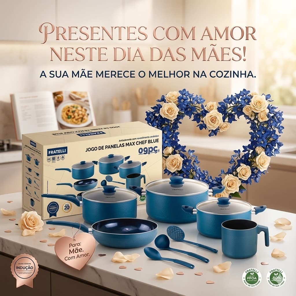 Jogo de Panelas Antiaderente 9 Peças - Azul cozinha presente maes fogao indução