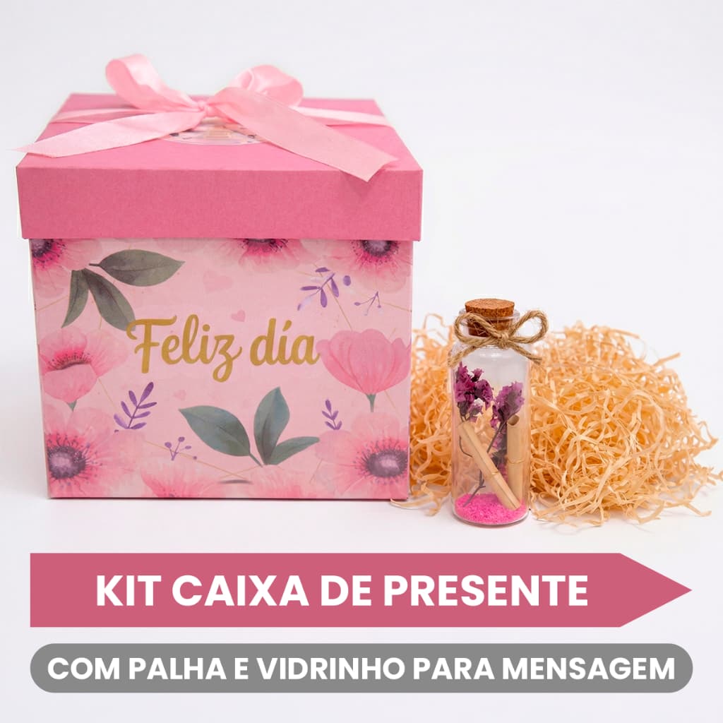 Kit Caixa de Presente Rosa Com Palha E Vidrinho Para Mensagem | Dia das Mães Aniversário