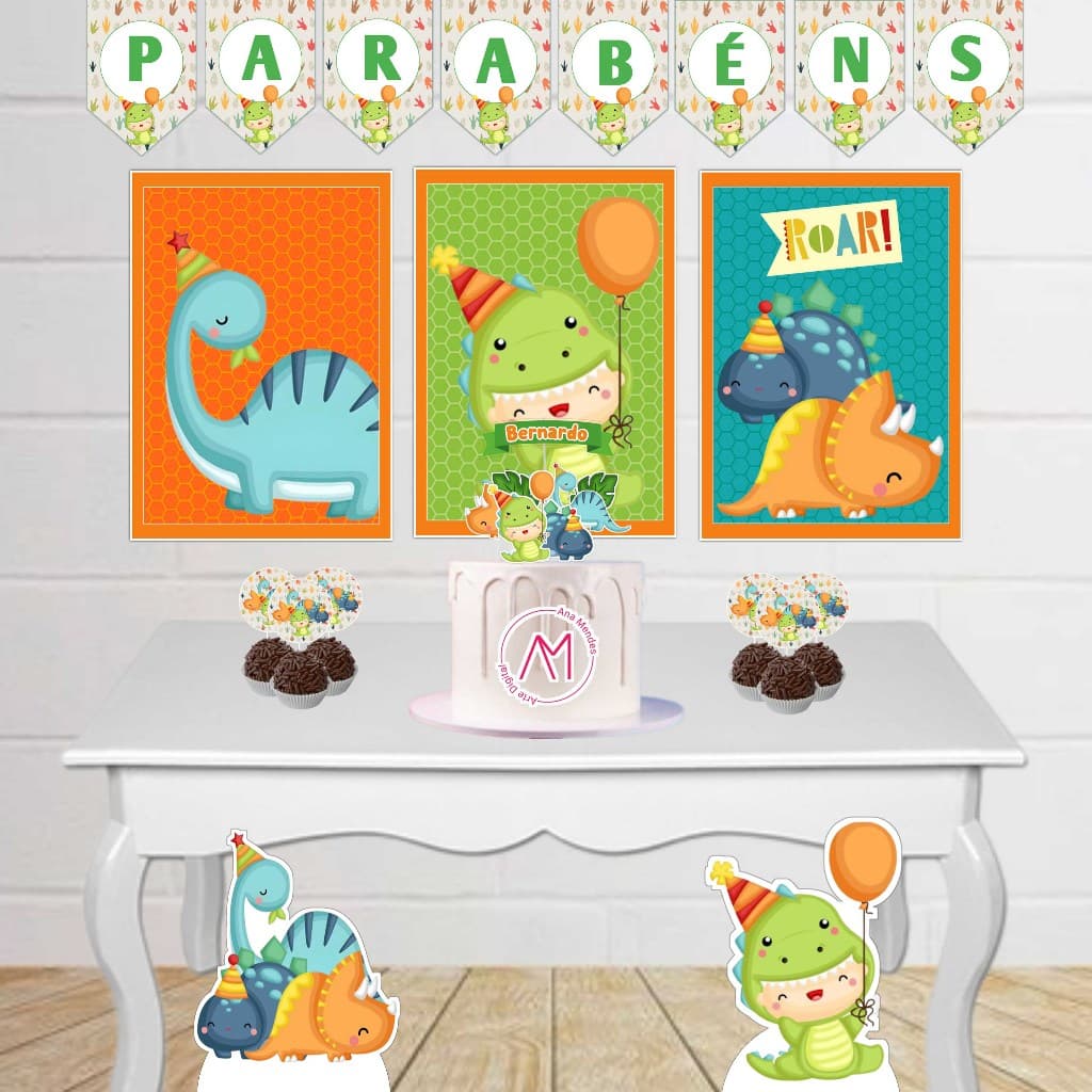 Kit Festa Infantil Dino Baby Fácil Decoração Com Painel Display Toppers Topo de Bolo Só um bolinho