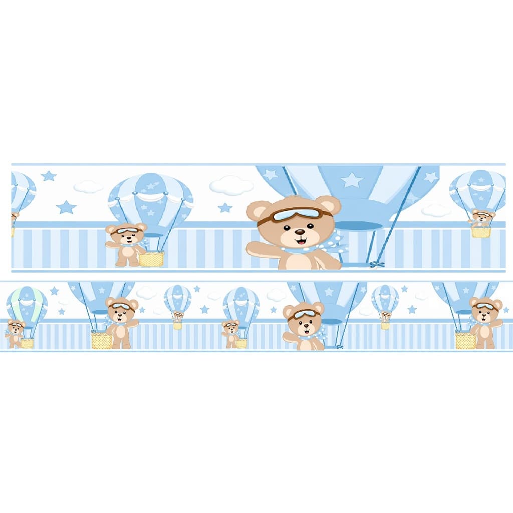 Faixa de Parede Ursinho Balao Azul Claro 3 Metros Adesivo Decorativo Infantil para Quarto de Menino