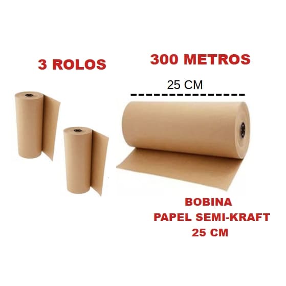 3 Bobinas Papel Semi Kraft Bobina 25cm Aprox. 4 KG (cada) Pardo Embalagem Caixa