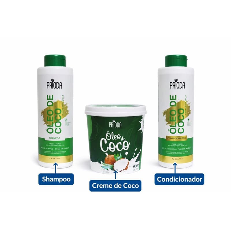 Kit Óleo de Coco Prioda 1L Shampoo + 1L Condicionador + Creme 900g Pentear ou Hidratar Nutrição Anti Frizz Brilh