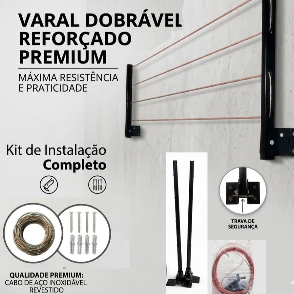 ENVIO FULL- Varal De Roupa Retrátil De Parede Dobrável Resistente + Kit Instalação