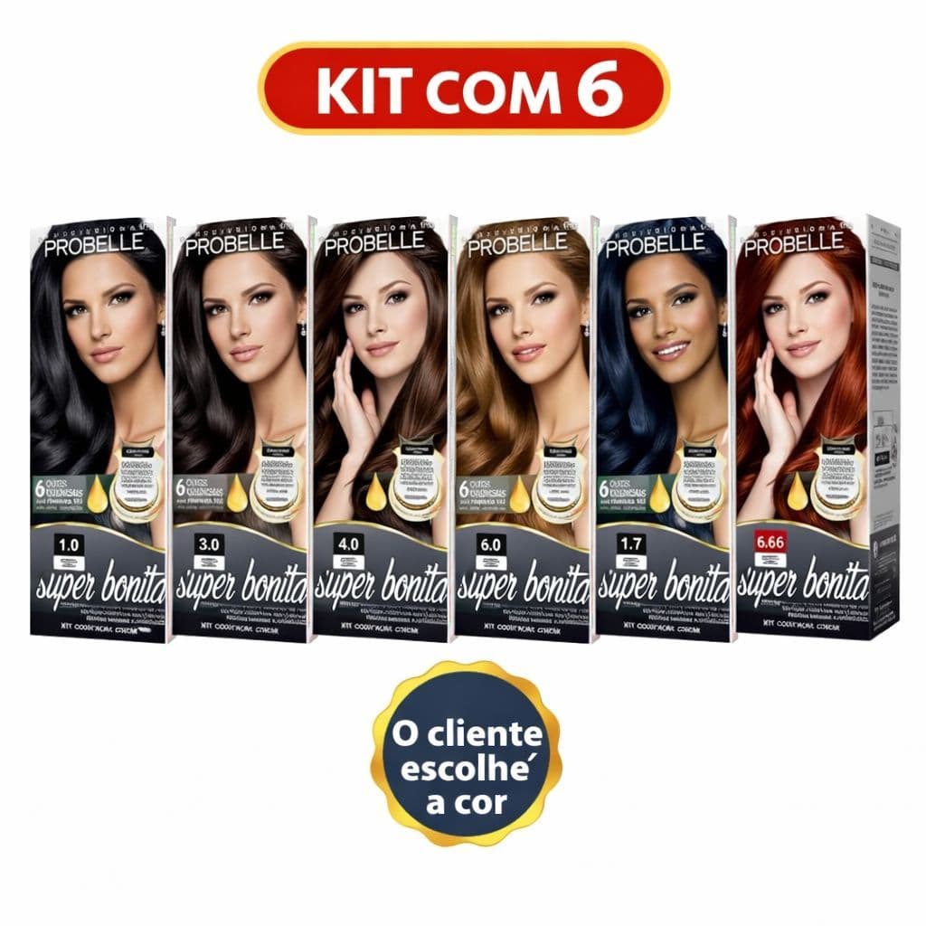 Kit 6 Coloração SUPER BONITA Probelle 50g com Amõnia Alta Cobertura