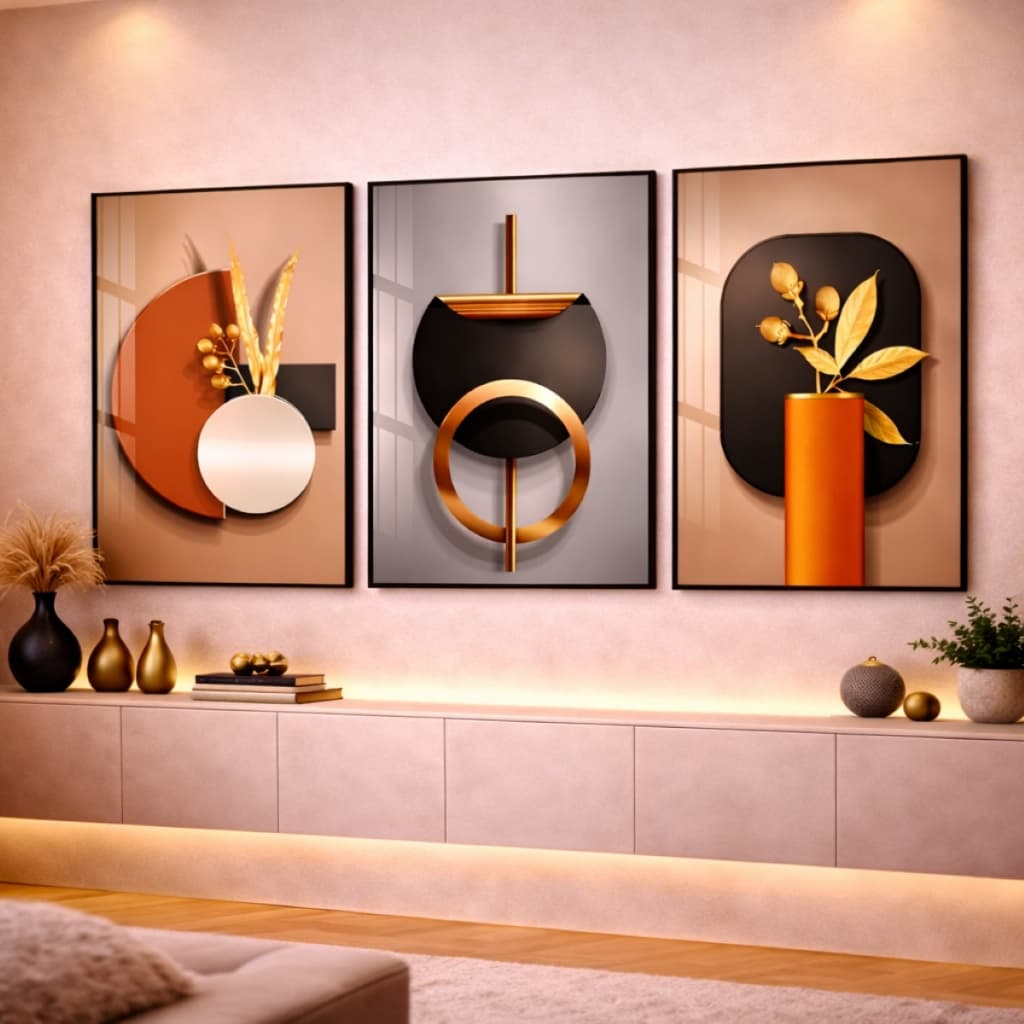 Quadro Decorativo Geometrico Abstrato Trio Nordic Hall HD 3 Peças