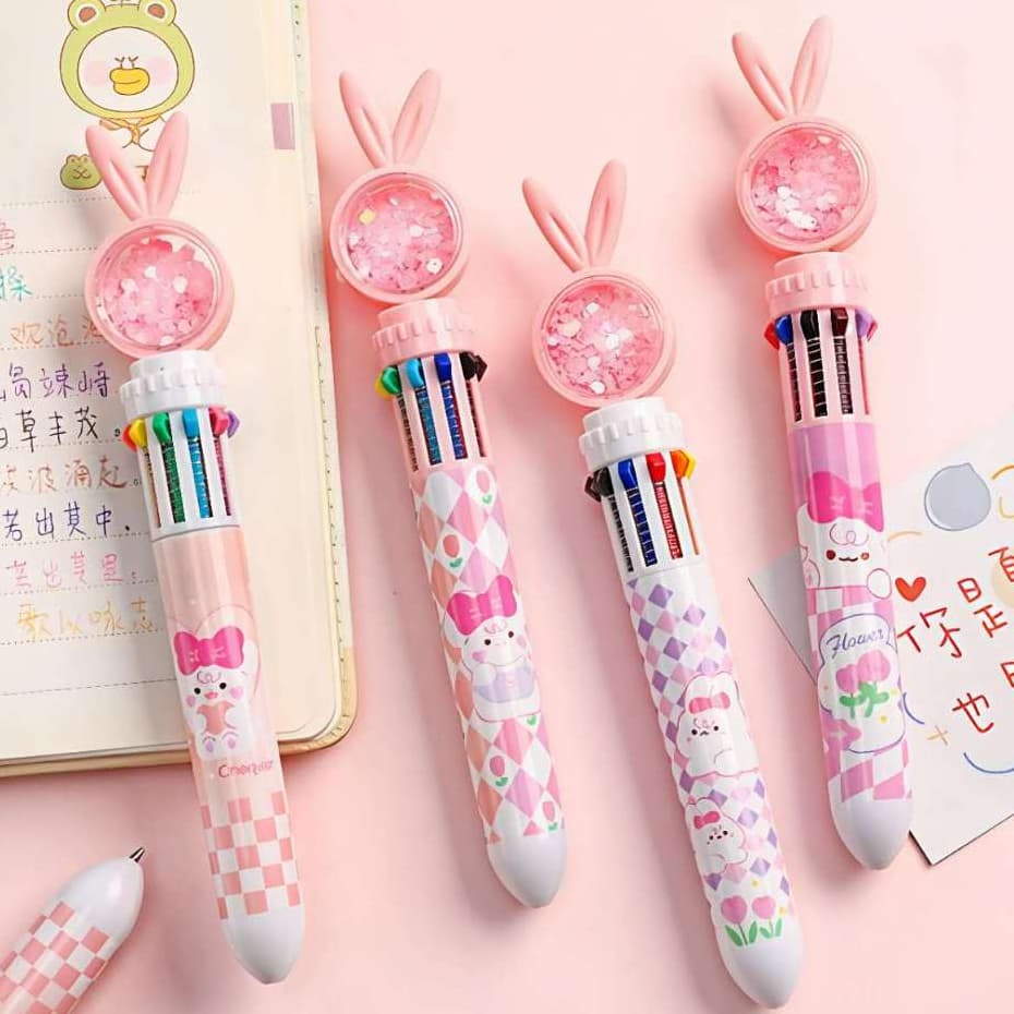 Caneta Esferográfica 10 Cores em 1 Multicolorida – Coelho com Glitter Líquido, Retrátil e Criativa
