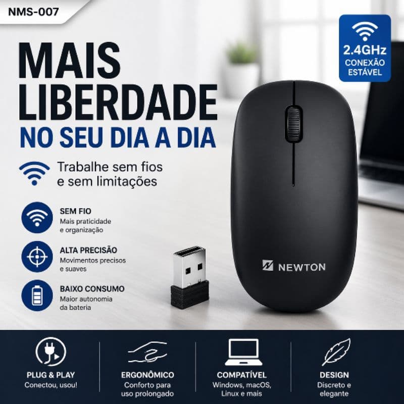 Mouse Sem Fio Preto 2.4GHz USB Óptico Portátil Ergonômico Notebook PC NMS-007