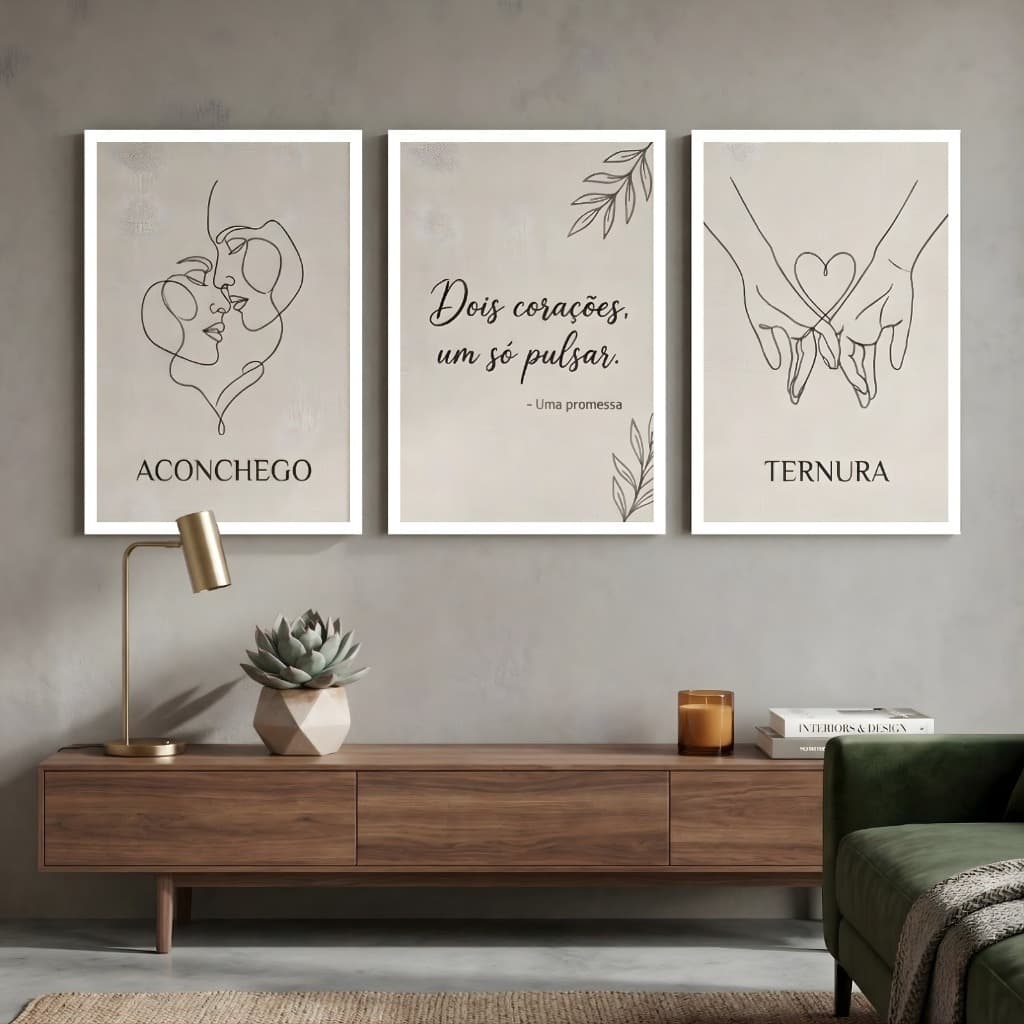 Kit 3 Quadros Decorativos Casal Quarto Minimalista Line Art Aconchego Ternura Religioso Moderno