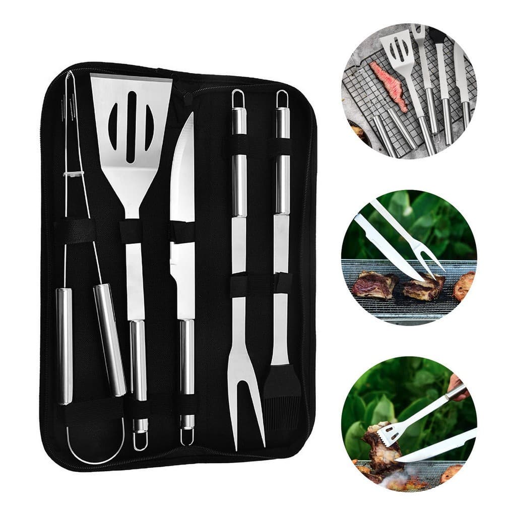 Kit Churrasco Profissional 5 Peças em Aço Inox – Conjunto Completo com Pincel, Faca, Garfo, Pegador, Espátula e Estojo
