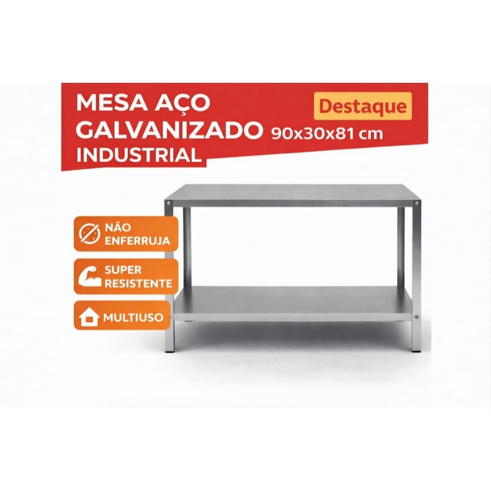Mesa Industrial Aço Galvanizado 90cm Resistente Multiuso Cozinha Lavanderia Oficina Não Enferruja