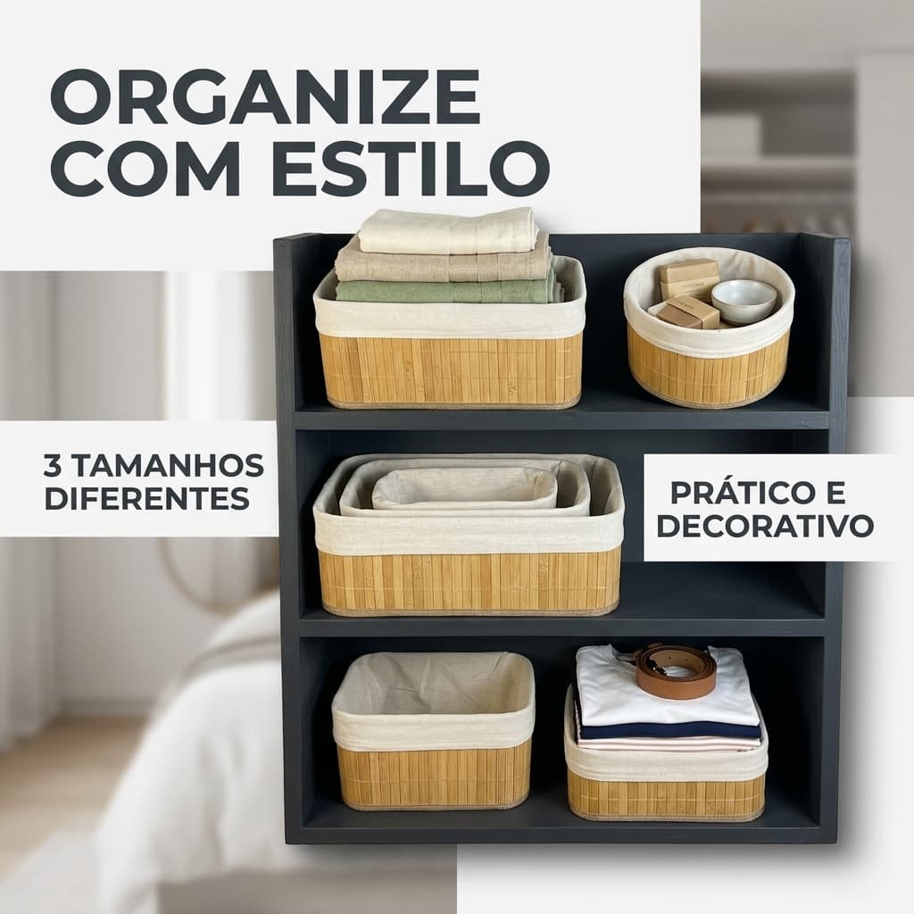 Kit cesto de bambu forrado 4 ou 3 organizador quarto banheiro lavanderia escritório