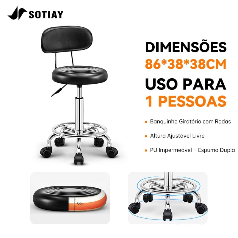 Sotiay Cadeira de Escritório Ajustável 48-63cm com Rodízios e Encosto  Assento Antideslizante para Trabalho