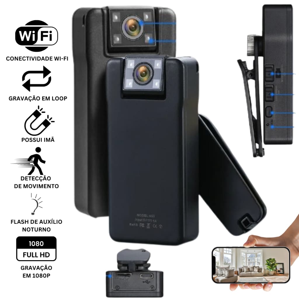 Mini Câmera Wifi Policial Ip 24 Horas A50 Noturna Hd 1080p Bateria 3000mah