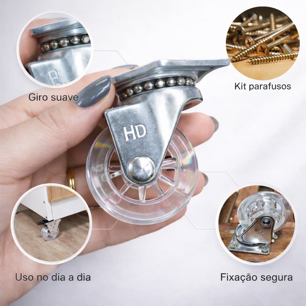 Rodízios Silicone 50mm Giratórios Para Vasos- Mesas- Prateleiras e Móveis- Kit 4 Rodinhas + Parafuso