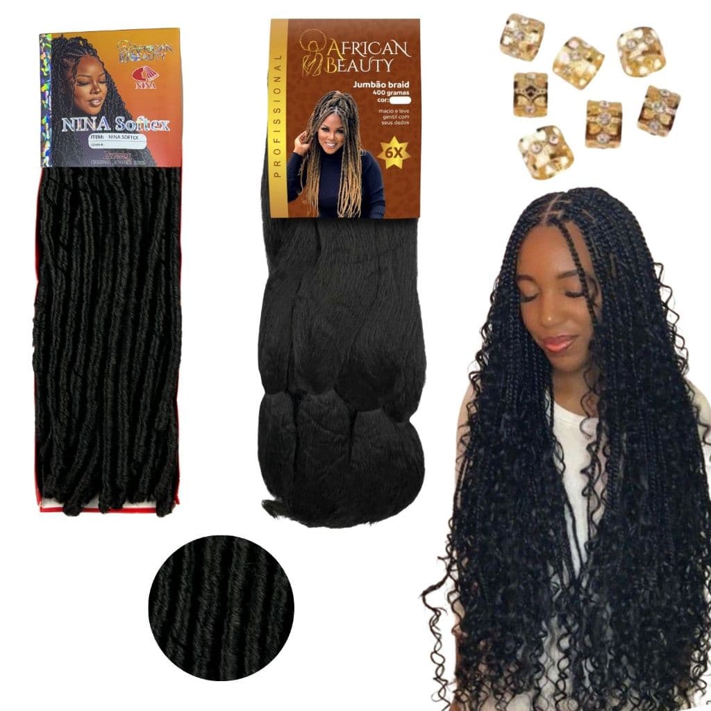 Kit Gypsy Braids Goddess Nina Cacheado Fibra Japonesa 100g e Jumbo Tranças Afro Cachos
