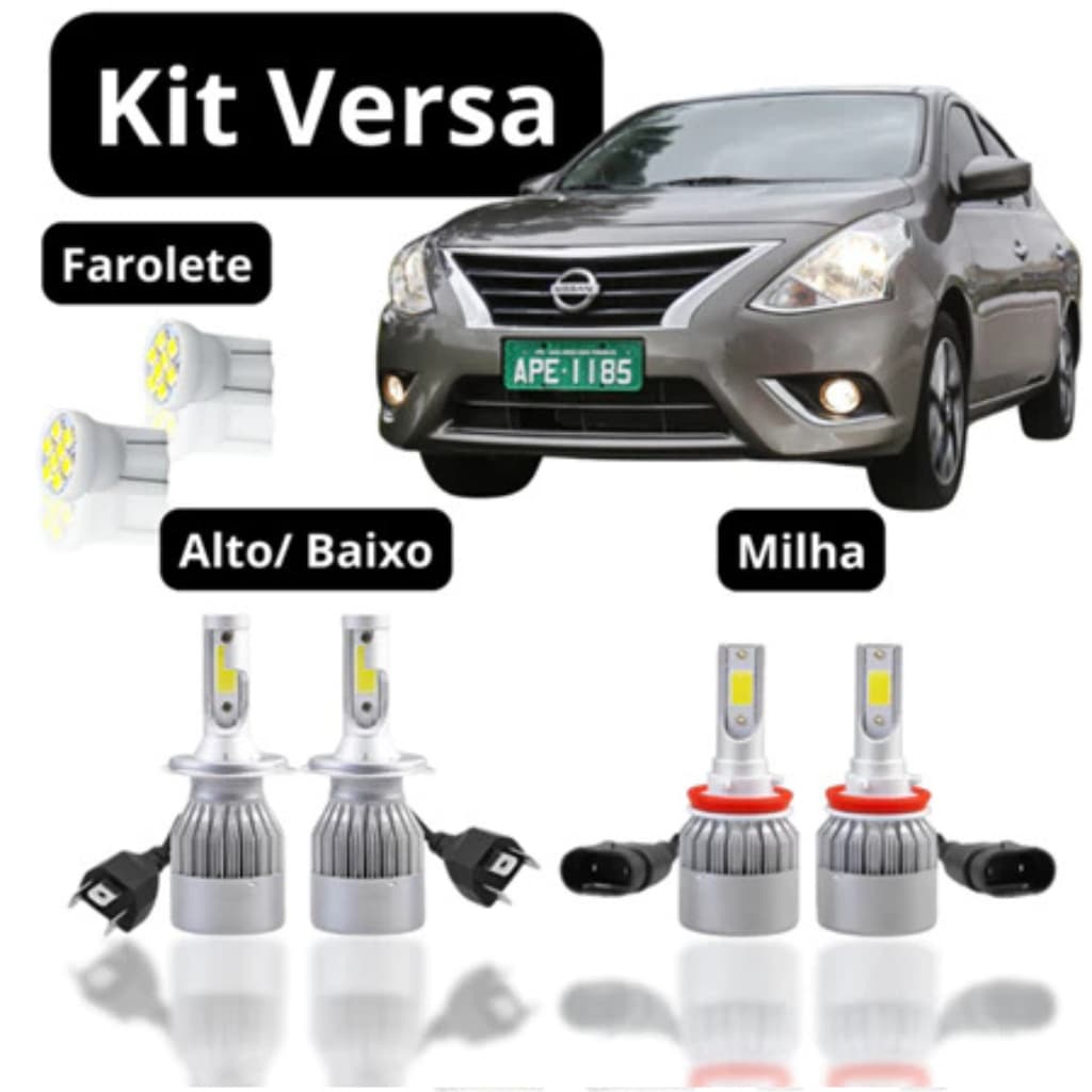 KIT Lâmpada Led Nissan Versa (Farol Baixo Alto Milha Farolete)  Lâmpada Super Led Branca Ultra Led Xenon H4 H11 T10