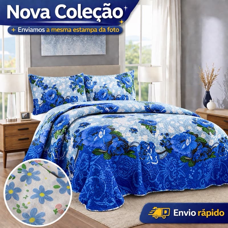 Colcha Cobre leito Dupla Face casal Queen Floral Matelado 3 Peças| Porta Travesseiro Aba Americana