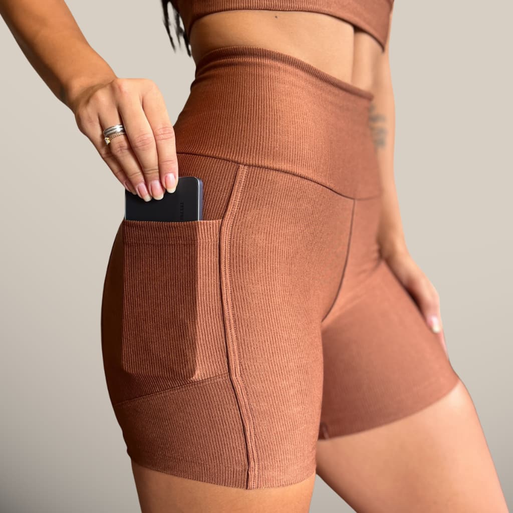 Short com Bolso para Corrida Canelado Feminino Bermuda Fitness Legging de Academia Cintura Alta Feminina Ciclismo Treino