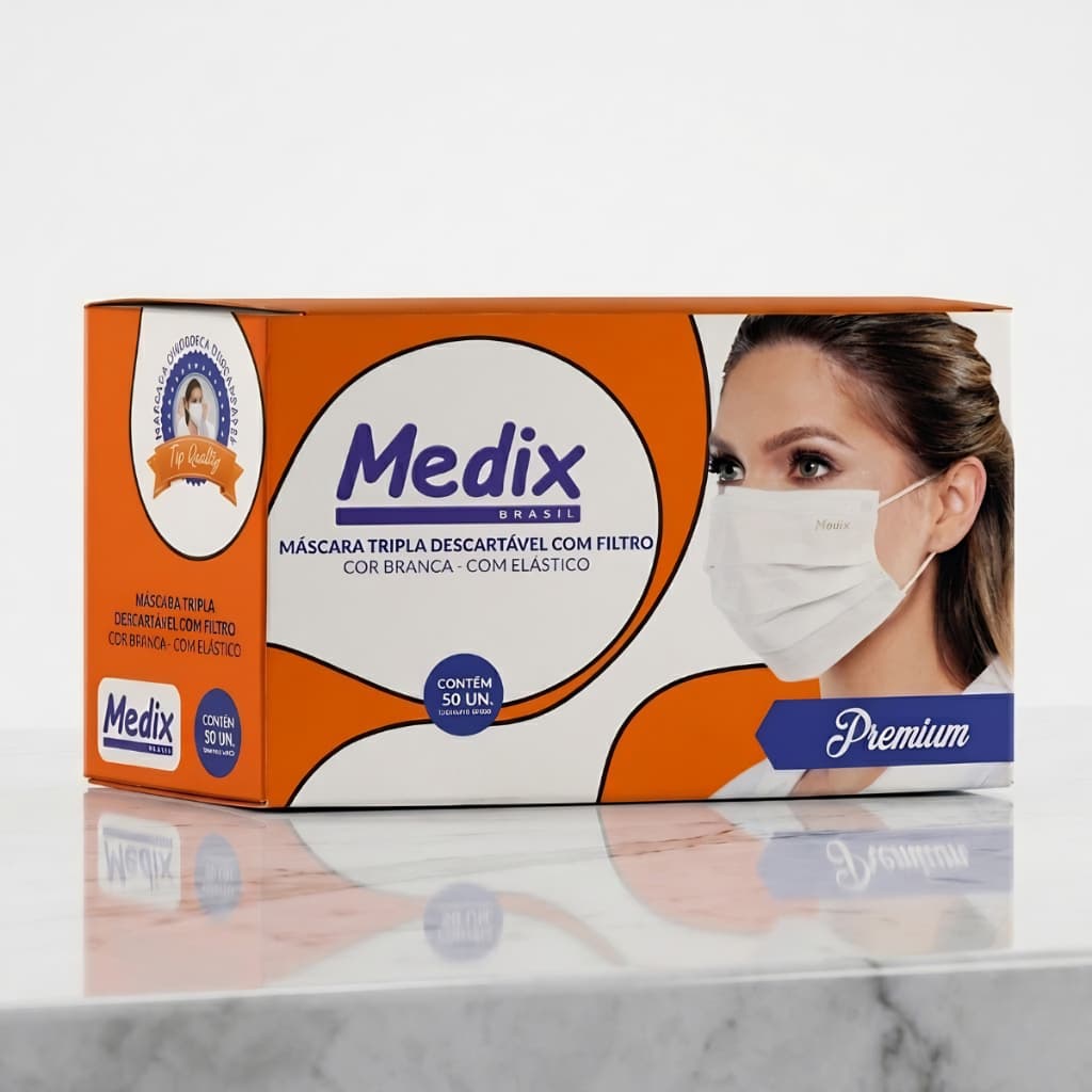 Máscara Tripla Descartável Medix Filtro BFE ≥95% 50 Und Proteção Contra Vírus Bactérias Partículas