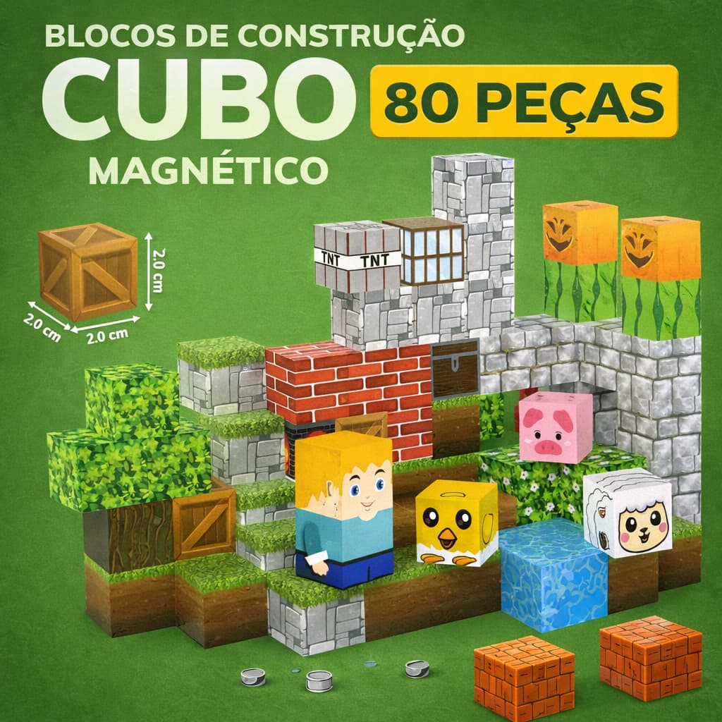 Blocos Magnéticos 80 Peças Construção Infantil Tipo Jogo MINE Encaixe Brinquedo montar Educativo