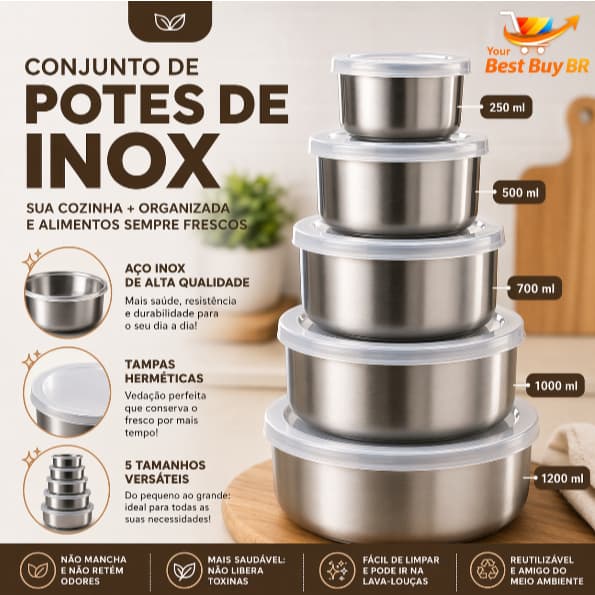 Potes Herméticos Inox 5 Peças | Kit Jogo Conjunto Redondos Marmita Premium Empilhavel