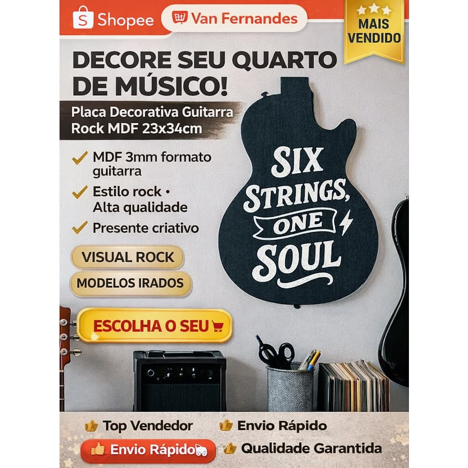 Placas Decorativas em MDF Tema Guitarra Rock música