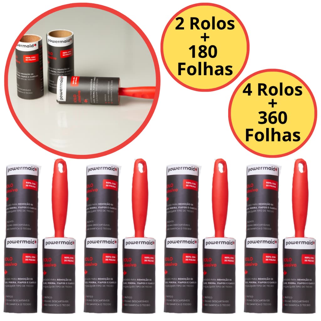 Kit 2 ou 4 Rolo Rolinho Tira Pelos e Plumas de Roupa e Sofá Adesivo + Refis 180 ou 360 Folhas Descartáveis