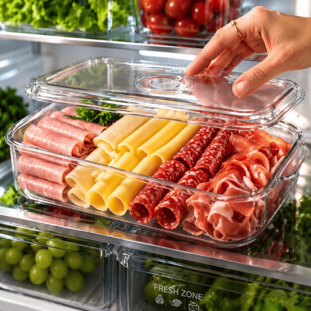 Caixa Organizadora de Geladeira em Acrílico com Tampa Transparente para Frios e Alimentos