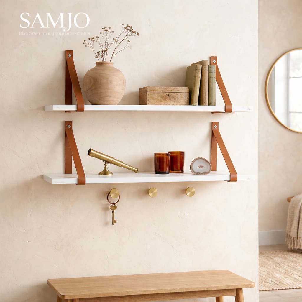 Kit Prateleiras em MDF com Alça de Couro Ecológico, Decoração, Prateleiras Modernas